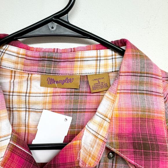Wrangler Women's Pink & Orange Plain Pearl Snap Button Up Short Sleeve Size L - Picture 2 of 3